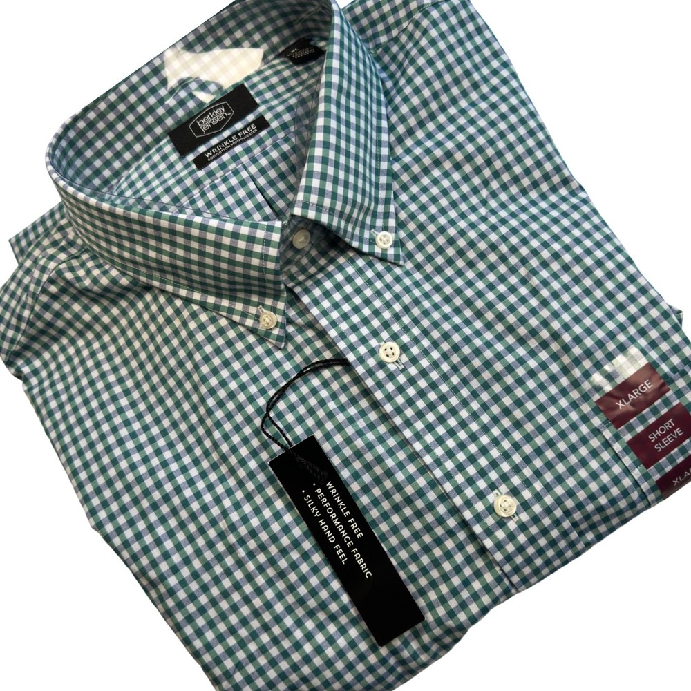 Berkley Jensen Shirt Mens XL Green Gingham Cotton Short Sleeve Button Up Casual